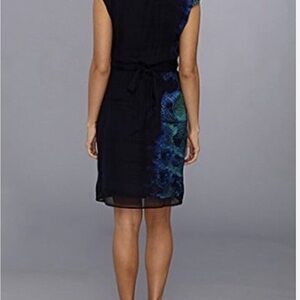 Tahari Navy Blue Snakeskin Silk Faux Wrap Belted Sleeveless Dress